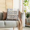 18 x 18 Square Cotton Accent Throw Pillow, Fluffy Fringes, Soft Block Print Raised Pattern, Cream, Blue
