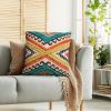 18 x 18 Square Cotton Accent Throw Pillow, Aztec Tribal Inspired Pattern, Trimmed Fringes, Multicolor