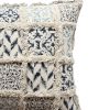 18 x 18 Square Cotton Accent Throw Pillow, Fluffy Fringes, Soft Block Print Raised Pattern, Cream, Blue